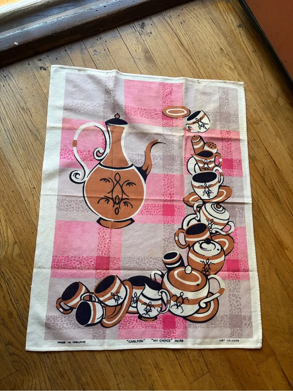 Vintage Pink, Cream and Brown Tea Towel with Teapot and Cup Motif